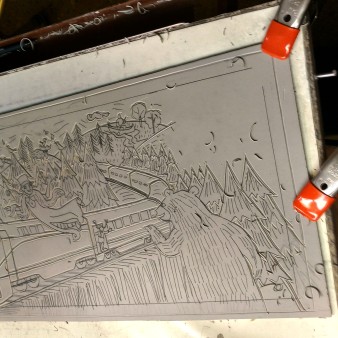 Lino carving in progress. Always think in reverse.